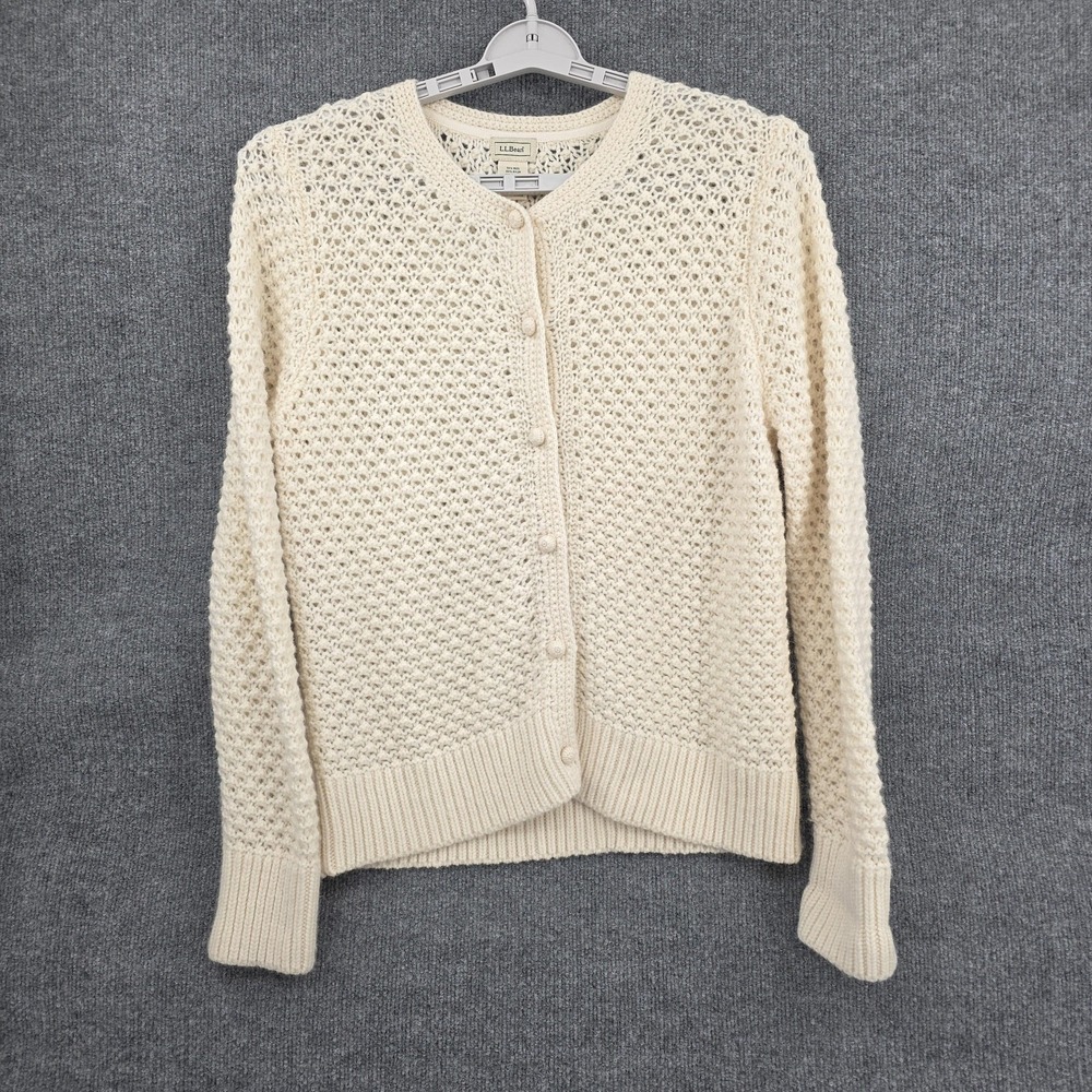 L.L. Bean Sweater Womens‎ XL White Wool Angora Open Knit Button Cardigan
